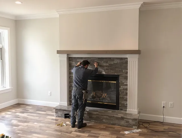 Palm Coast Chimney Sweep finishing a custom fireplace install in Palm Coast, FL